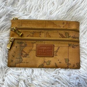 ALVIERO MARTINI Italian Vintage Geo World Map Wallet Pouch Bag 3 Zippers